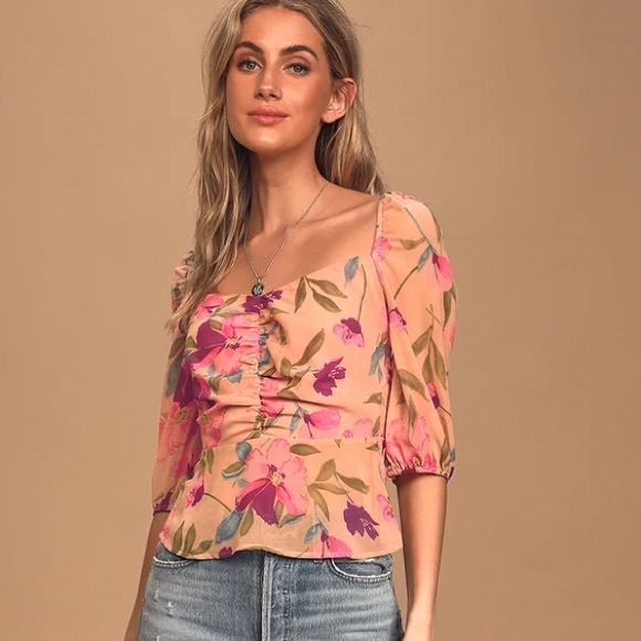 Lulus Living Life Blush Pink Multi Floral Print Ruched Puff Sleeve Top - Picture 1 of 6
